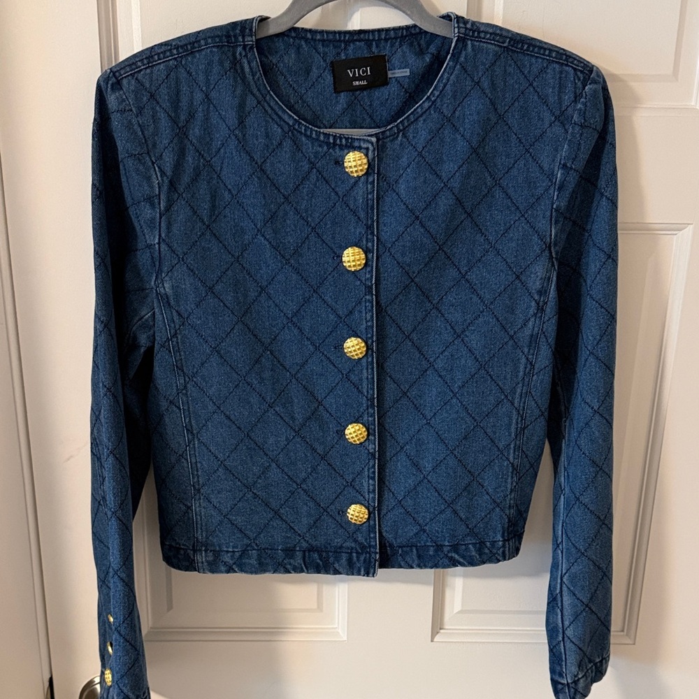 VICI Quilted Dark Blue Denim Coat with Gold Buttons